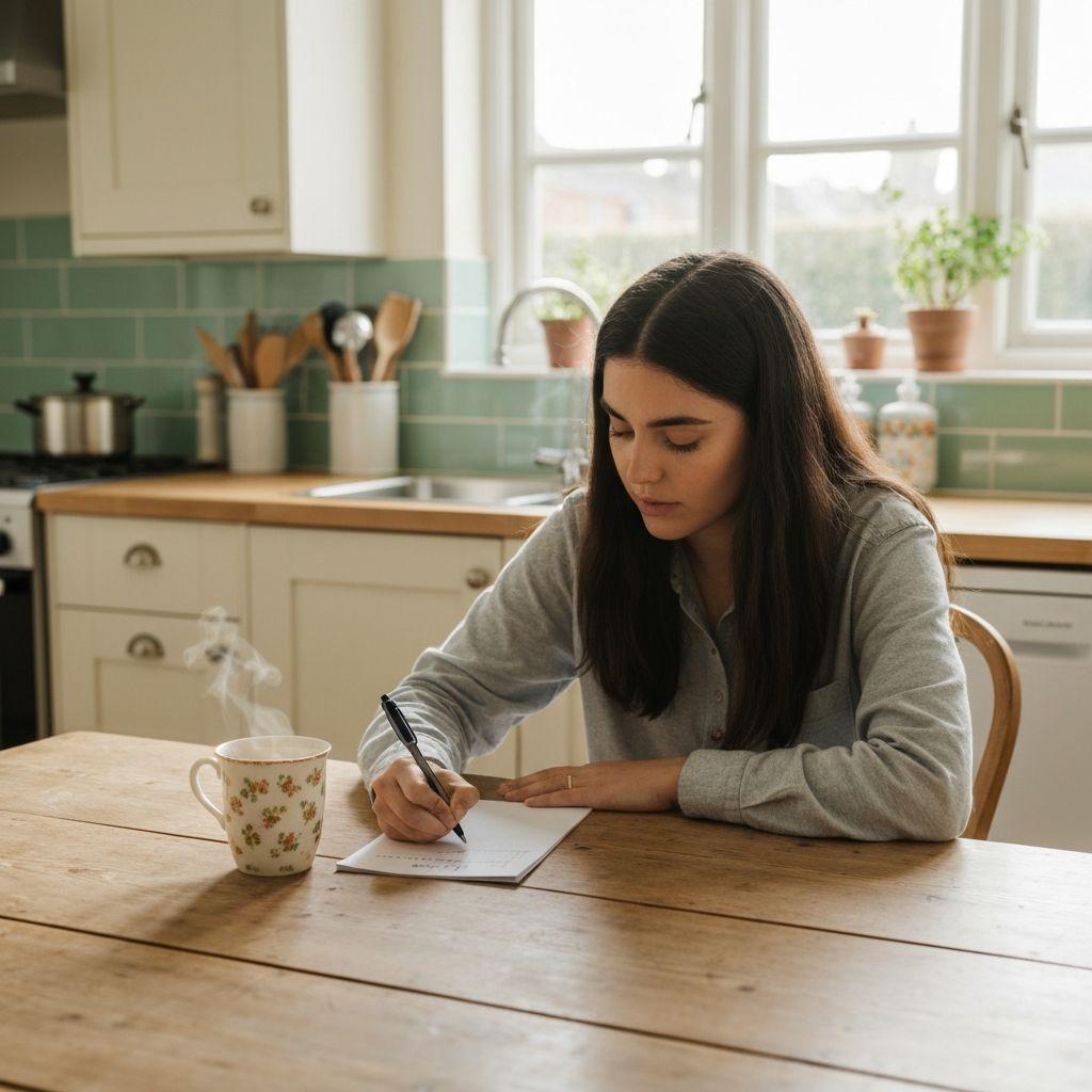 Writing a shopping list at a kitchen table in natural light